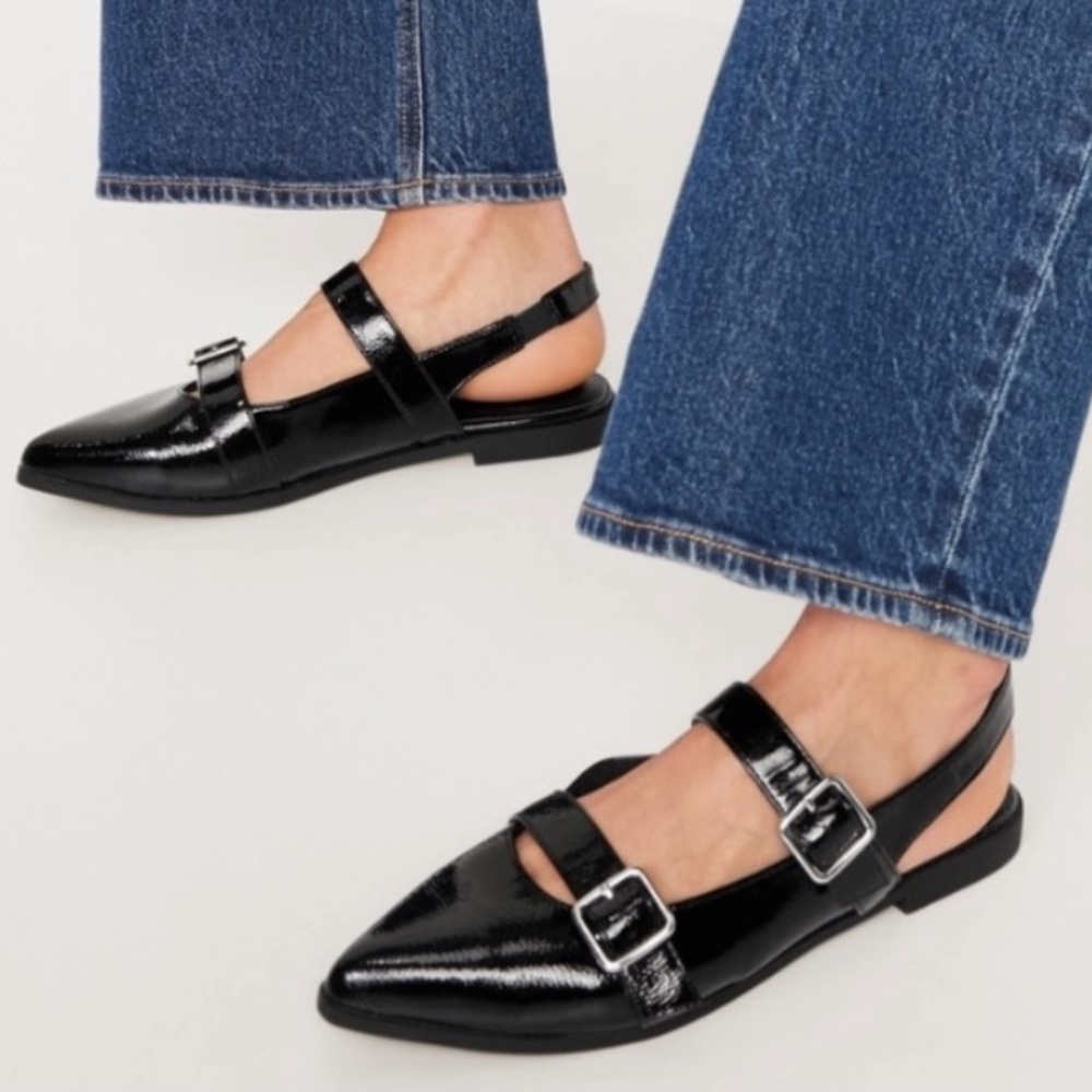 OLD NAVY Black Slingback Double Buckle Flats Sz 6 Mary Jane Black Jack Silver